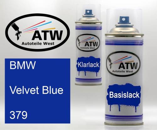 BMW, Velvet Blue, 379: 400ml Sprühdose + 400ml Klarlack - Set, von ATW Autoteile West.